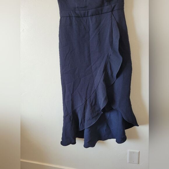 NEW XSCAPE Ballgown Navy Blue Assymetric Hem Crepe Formal Off Shoulder Size 6P - Picture 5 of 11
